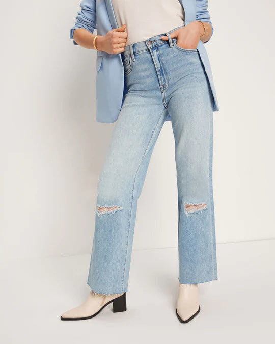 Damen High-Waist Jeans mit fransigem Saum und modischen Rissdetails Drune