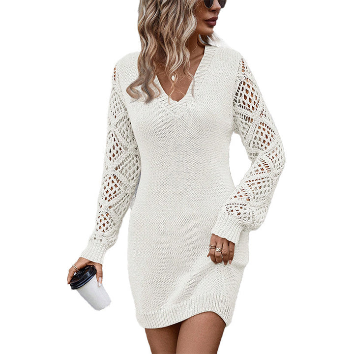 Damen elegantes Strickkleid mit raffinierten Häkelärmeln Drune