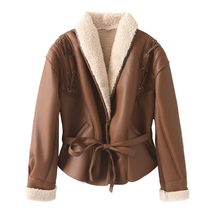 Damen trendige Kunstlederjacke mit flauschigem Innenfutter und Bindegürtel Drune