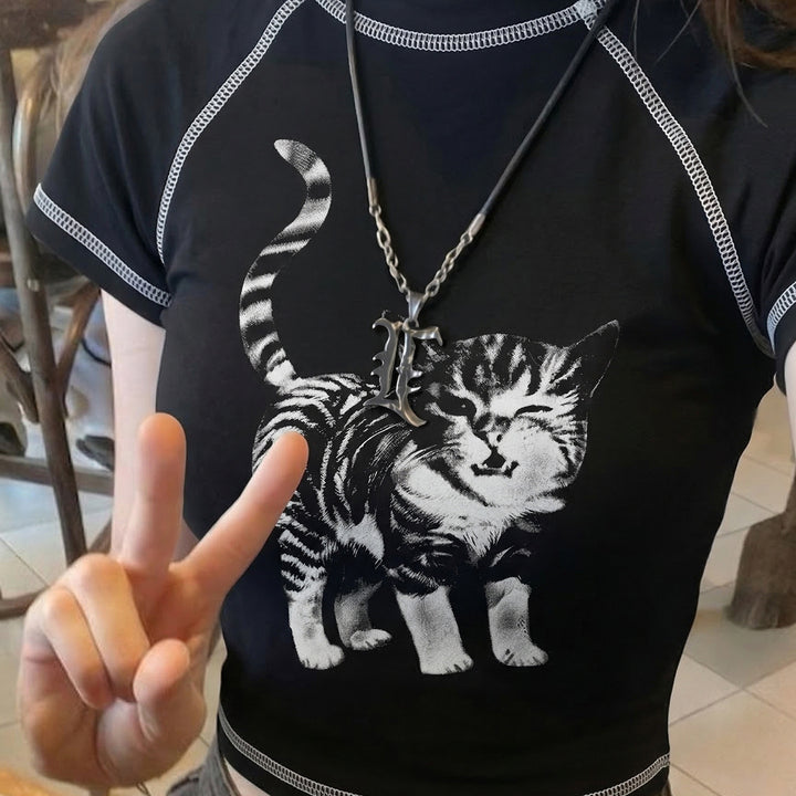 Damen T-Shirt mit kreativem Katzenmotiv und sportlichem Schnitt Drune