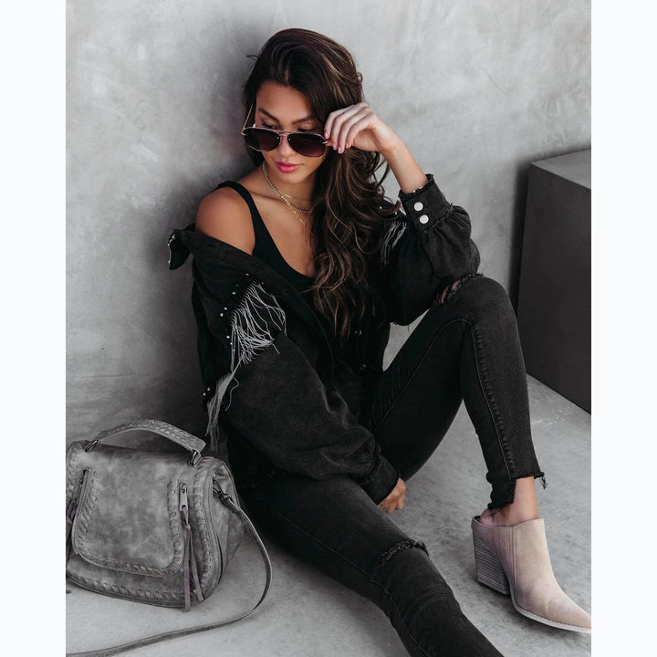 Drune | Schwarze Denim-Jacke mit Fransen - Kühn & Trendy - Knopfleiste - Lässiger Street Style