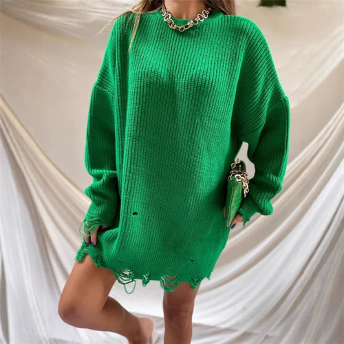 Damen lässiger Langpullover mit strukturiertem Rippdesign und offenen Säumen Drune