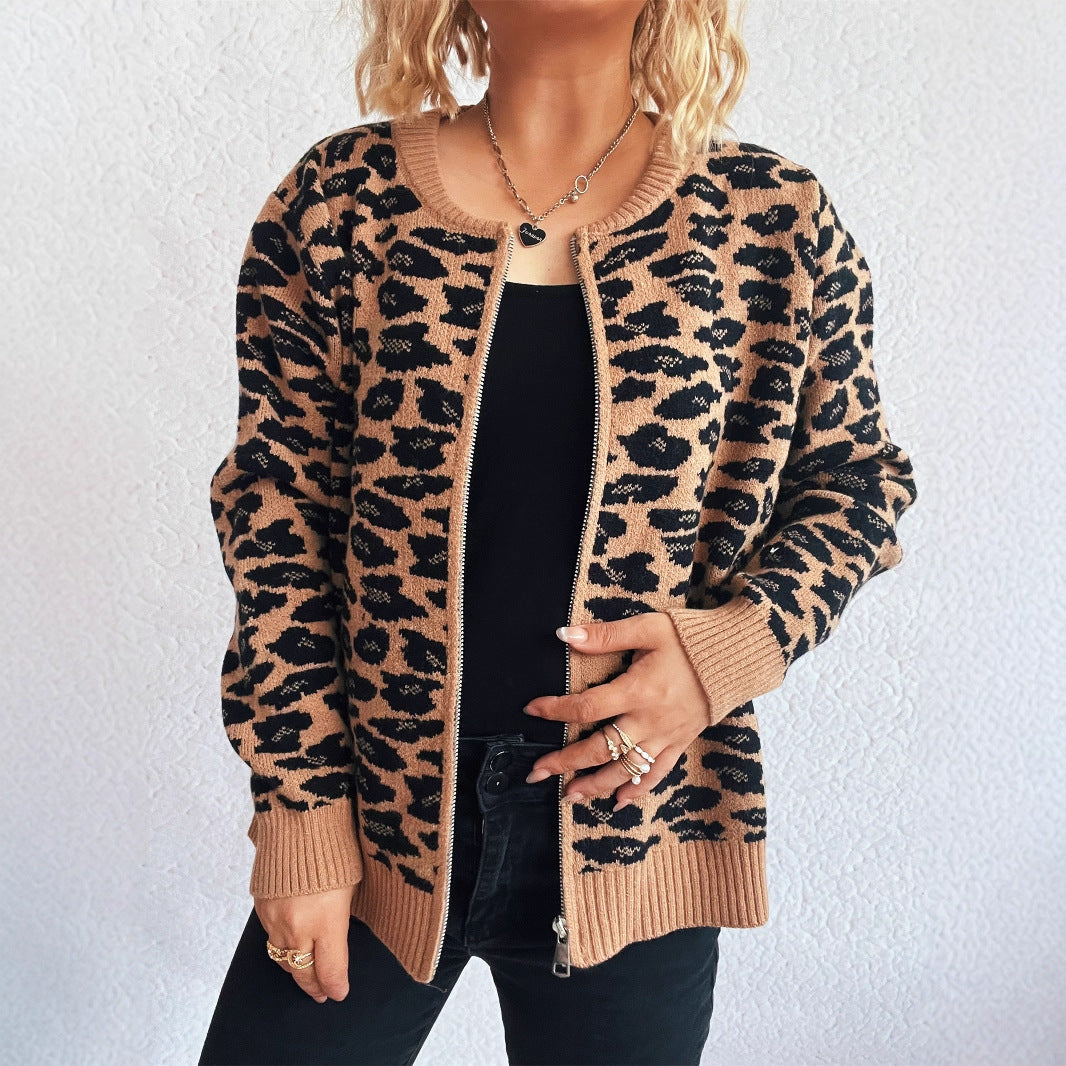 Damen Strickjacke mit modernem Leopardenmuster und Zipperdetails Drune