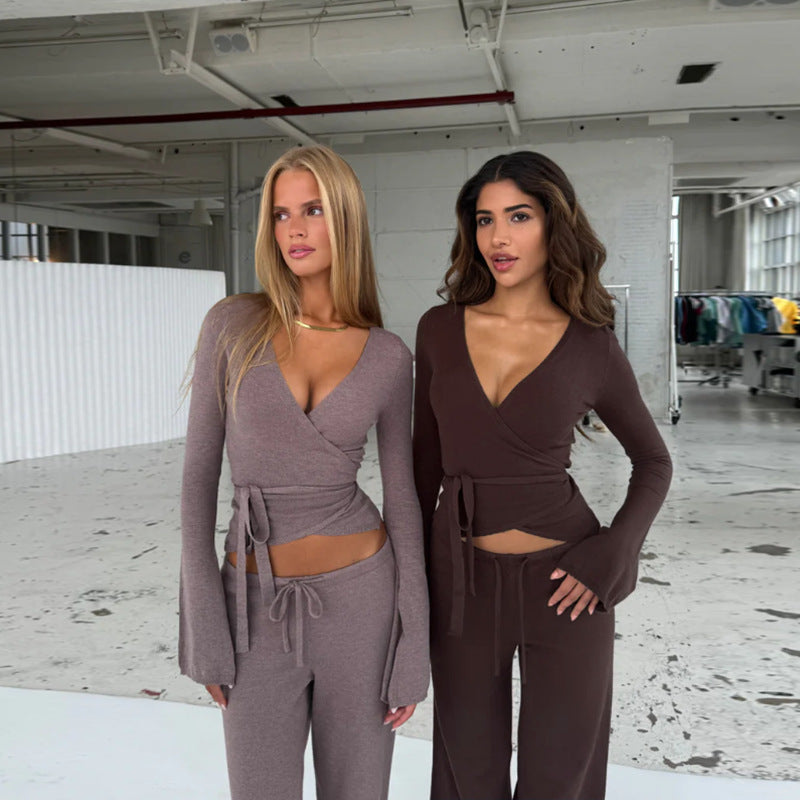 Damen lockerer Jumpsuit mit Wickeldesign und langen Ärmeln Drune