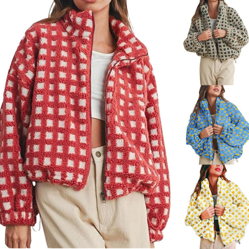 Damen trendige Kurzjacke mit Karomuster und weichem Plüsch Drune