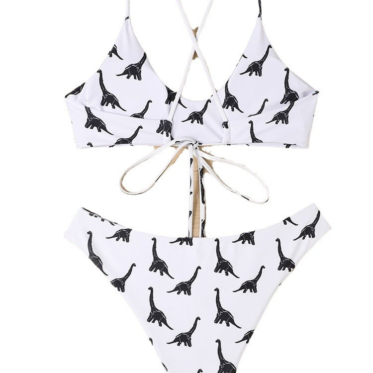 Damen Triangel-Bikini mit verspieltem Dinosaurier-Muster und verstellbaren Trägern Drune