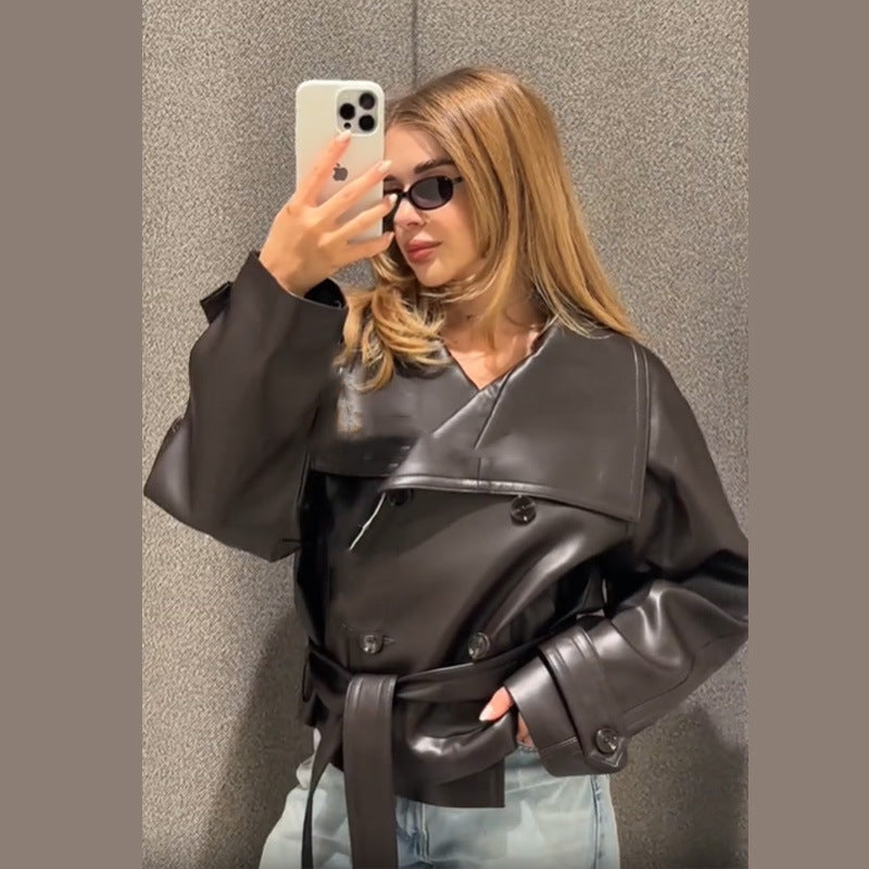 Damen Modische Cropped-Lederjacke mit doppelter Knopfleiste und breitem Kragen Drune