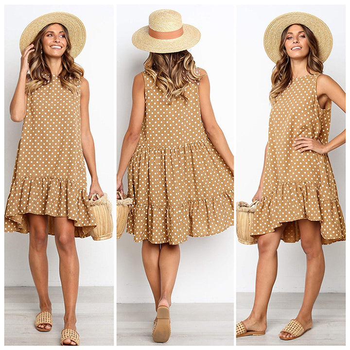 Damen Sommerliches A-Linien Kleid mit Rüschensaum und Punkten Drune