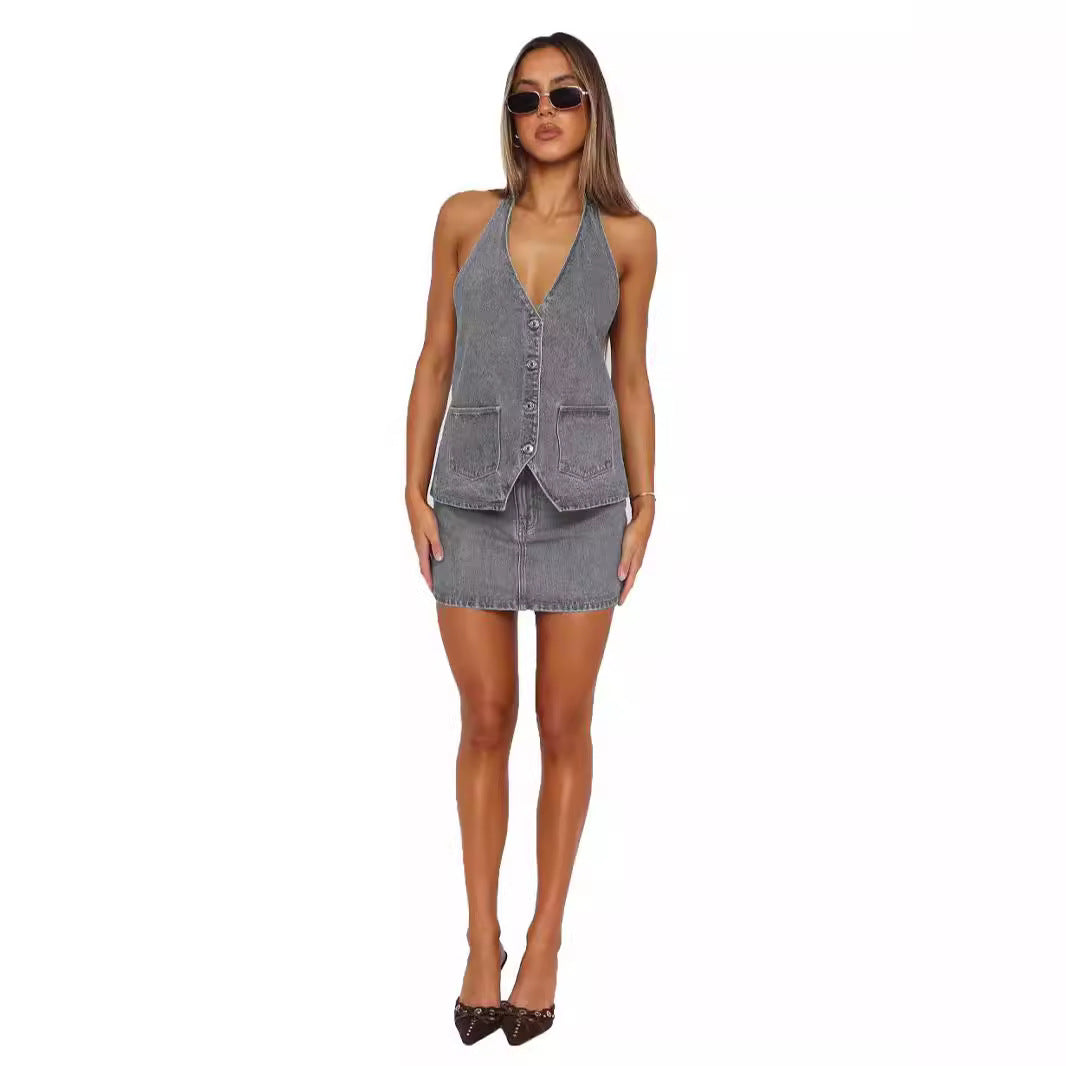 Damen Denim-Kleid mit ärmellosem Design und praktischen Taschen Drune