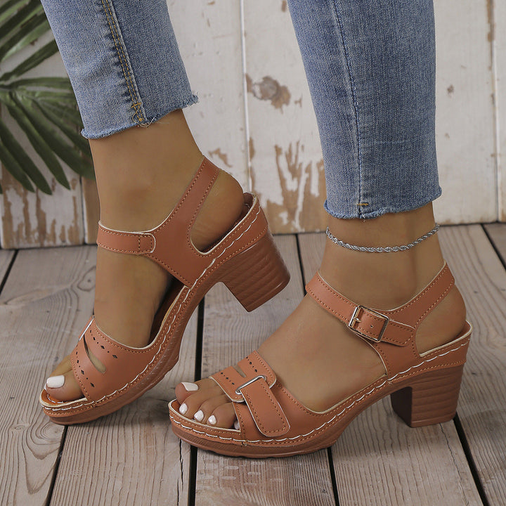 Damen modische Sandaletten mit eleganter Schnalle und Holz-Blockabsatz Drune