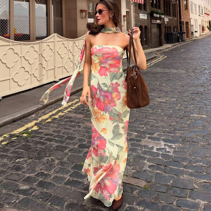 Damen Elegantes Maxikleid mit floralem Muster und schicker Rückenschnürung Drune