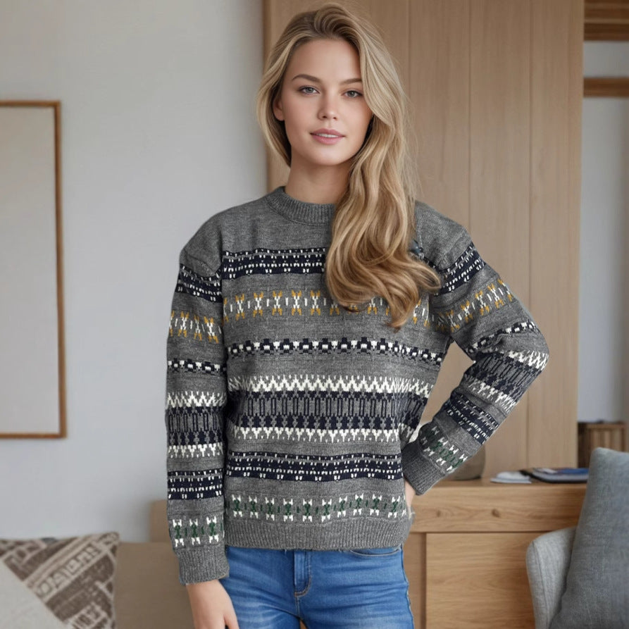 Damen Kuscheliger Strickpullover mit folkloristischem Muster und hohem Kragen Drune