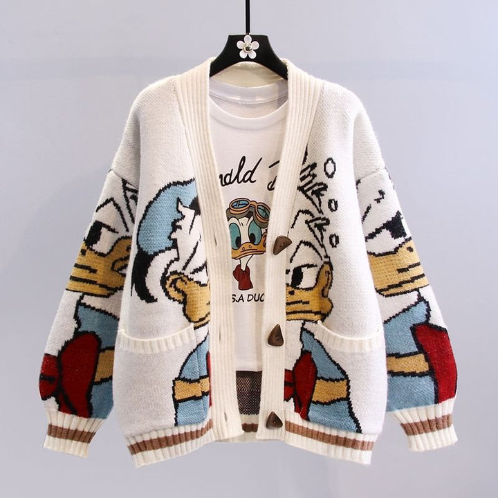 Damen Cartoon-Design Strickjacke mit breiten Ärmeln und Taschen Drune