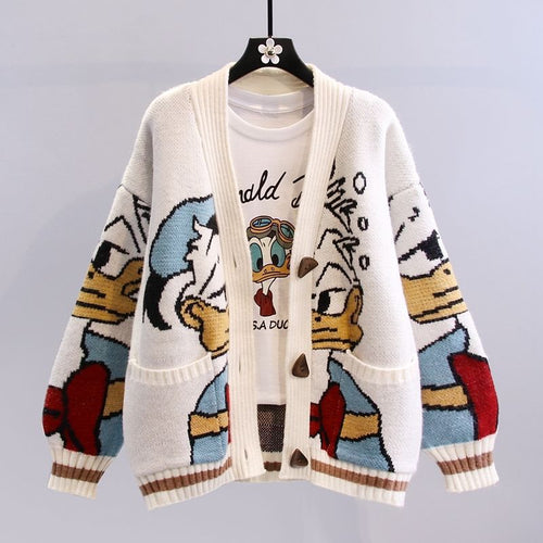 Damen Cartoon-Design Strickjacke mit breiten Ärmeln und Taschen Drune