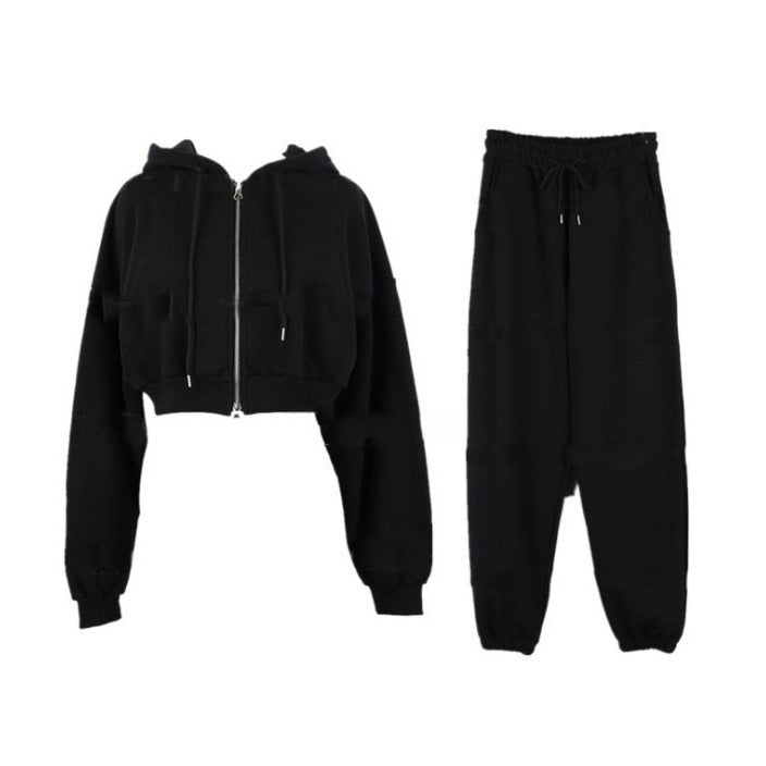 Damen lässiges Set mit cropped Kapuzenjacke und Jogginghose Drune