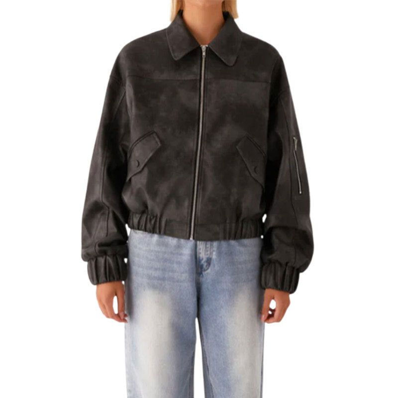 Damen lässige Kunstlederjacke mit voluminösen Ärmeln Drune