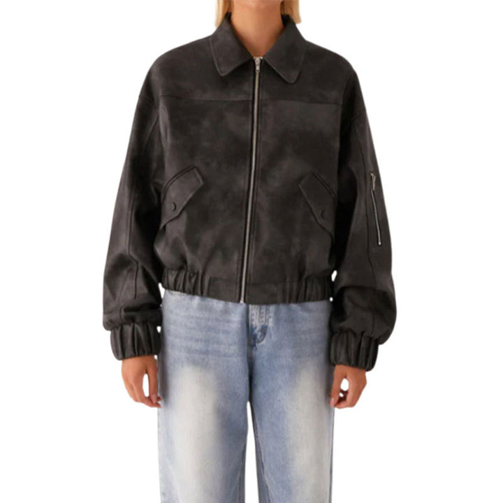Damen lässige Kunstlederjacke mit voluminösen Ärmeln Drune
