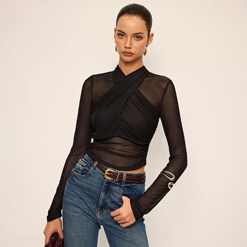 Damen Elegantes Wickeloberteil mit transparentem Stoff und langen Ärmeln Drune