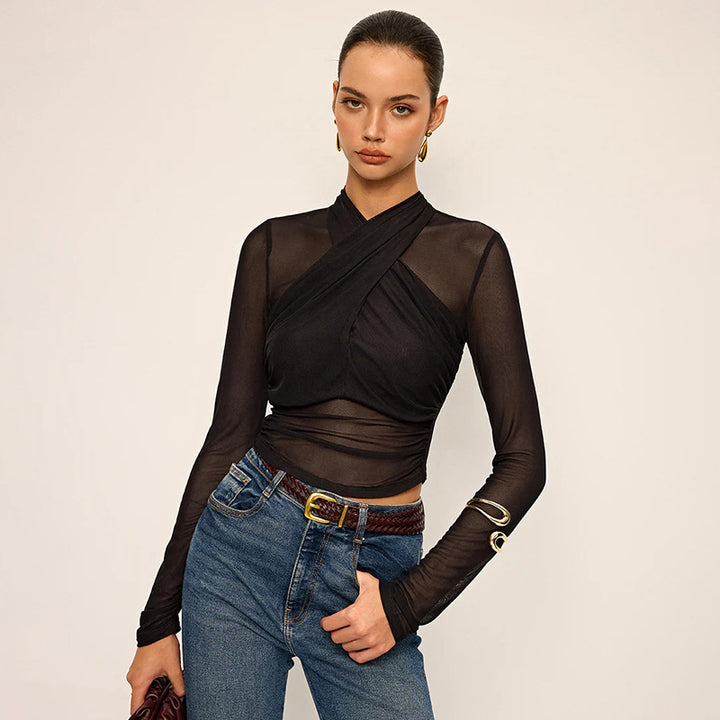 Damen Elegantes Wickeloberteil mit transparentem Stoff und langen Ärmeln Drune