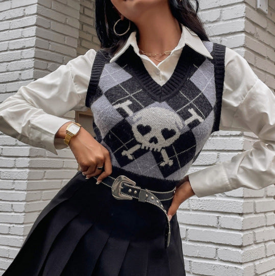 Damen Strickweste mit kreativem Totenkopf-Muster Drune