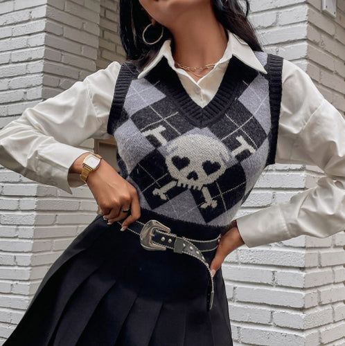 Damen Strickweste mit kreativem Totenkopf-Muster Drune