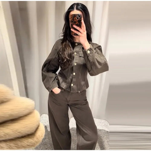Damen Modische Jeansjacke mit Puffärmeln und Knopfdetails Drune