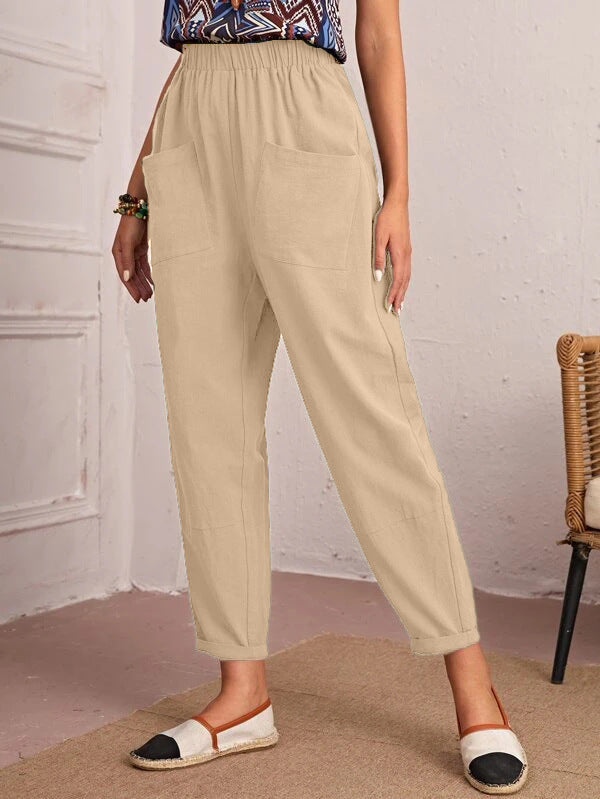 Damen bequeme Freizeithose mit elastischem Bund und großen Taschen Drune