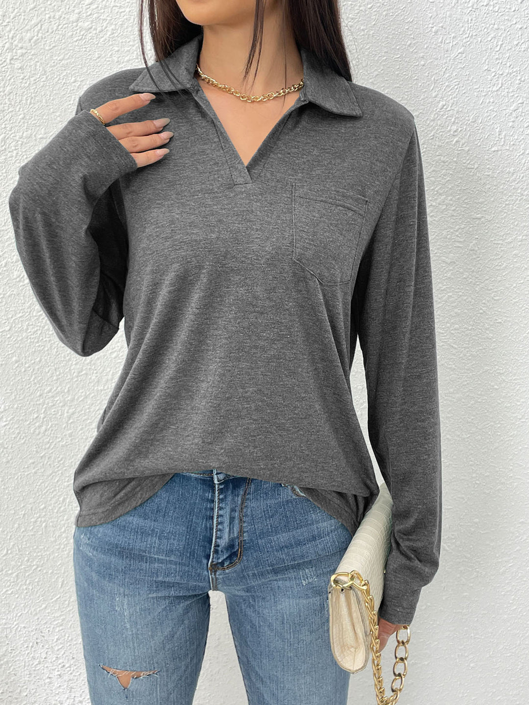Damen Langarmbluse mit modernem Kragen und Brusttasche Drune