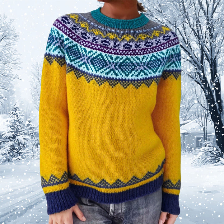 Damen nan melierter Rundhalsausschnittpullover mit kreisförmigem Jacquard-Yoke und geripptem Saum Drune