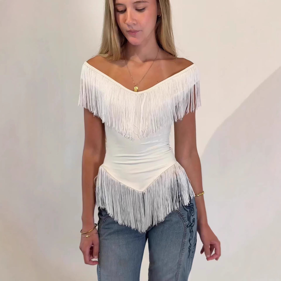 Damen Top mit fransigem Detail und Off-Shoulder-Design Drune