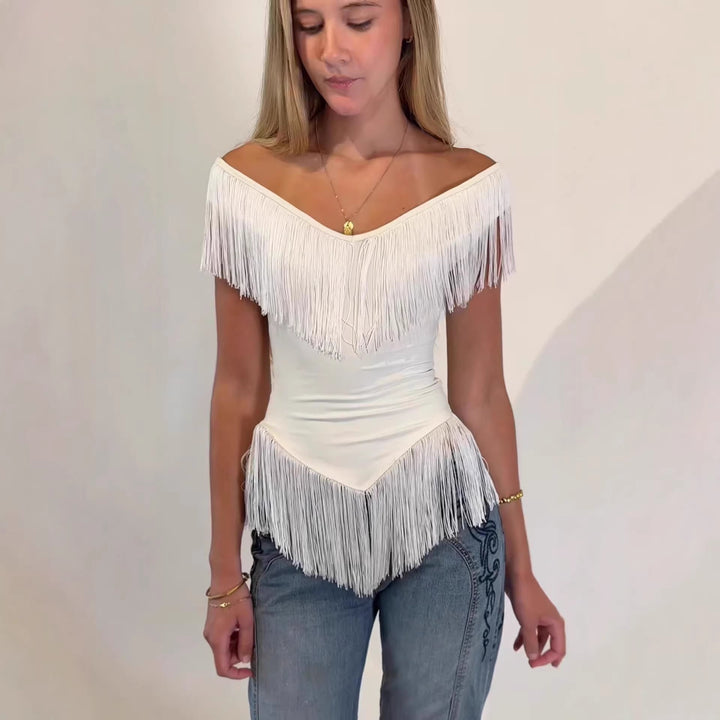 Damen Top mit fransigem Detail und Off-Shoulder-Design Drune