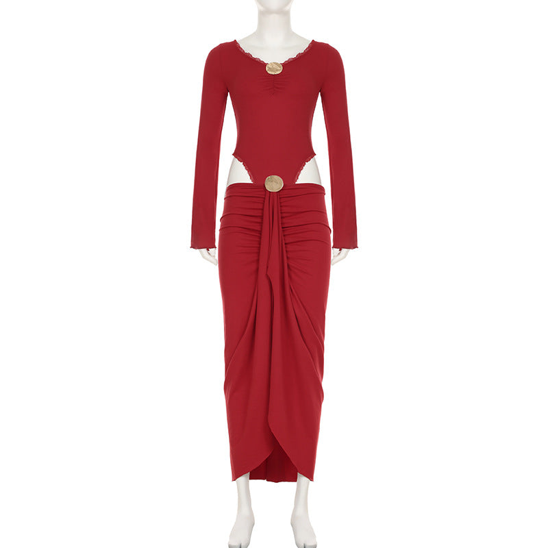 Damen eleganter Wickelrock mit Raffungen und dekorativem Knopf Drune