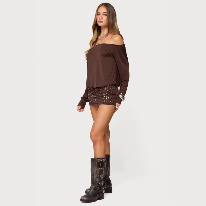 Damen Off-Shoulder Top mit eleganten langen Ärmeln und figurbetontem Rock Drune