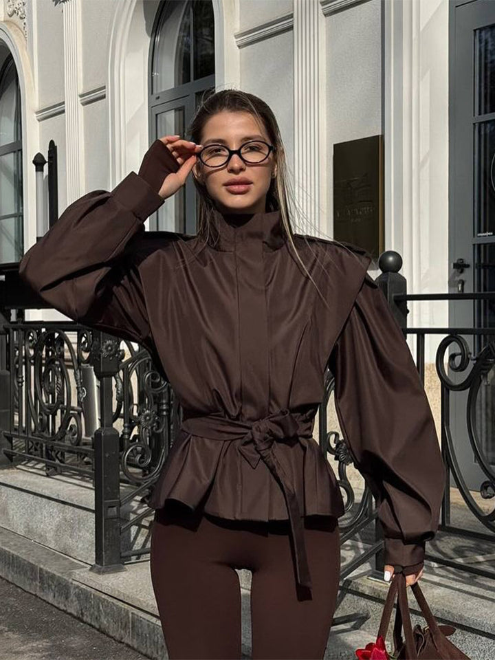 Damen Bluse mit hohen Kragen und elastischem Taillengürtel Drune