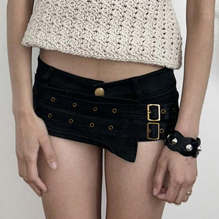 Damen Modische Shorts mit dekorativen Schnallen und Gürtelschlaufen Drune