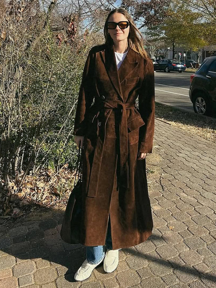 Damen Eleganter Wildledermantel mit Taillengürtel Drune