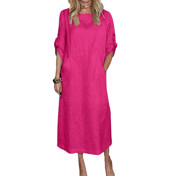 Damen lässiges Leinenkleid mit praktischen Taschen und modischen Knopfdetails Drune