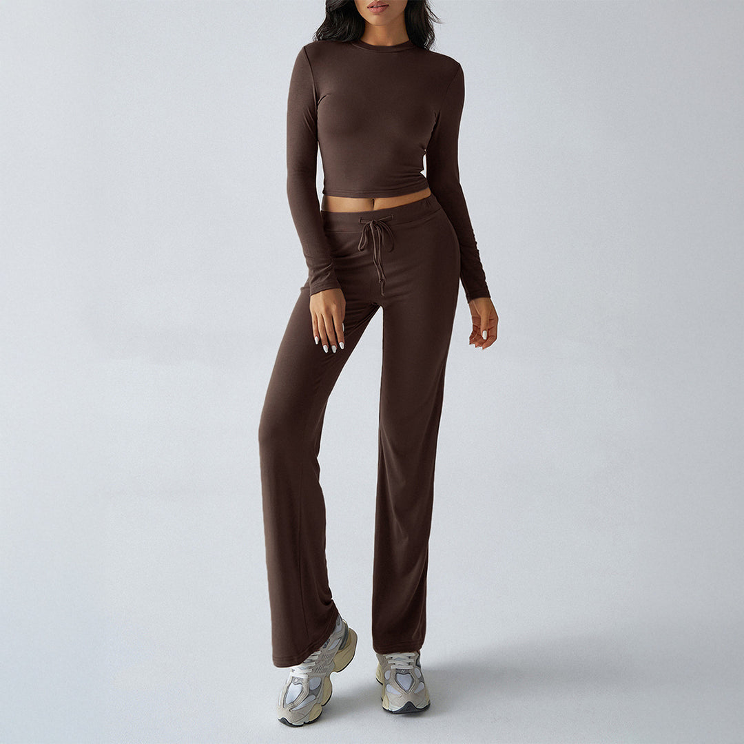 Damen nan tailliertes Longsleeve-Crop-Top und weite Lounge-Hose im Zweiteiler-Set aus Stretchjersey Drune