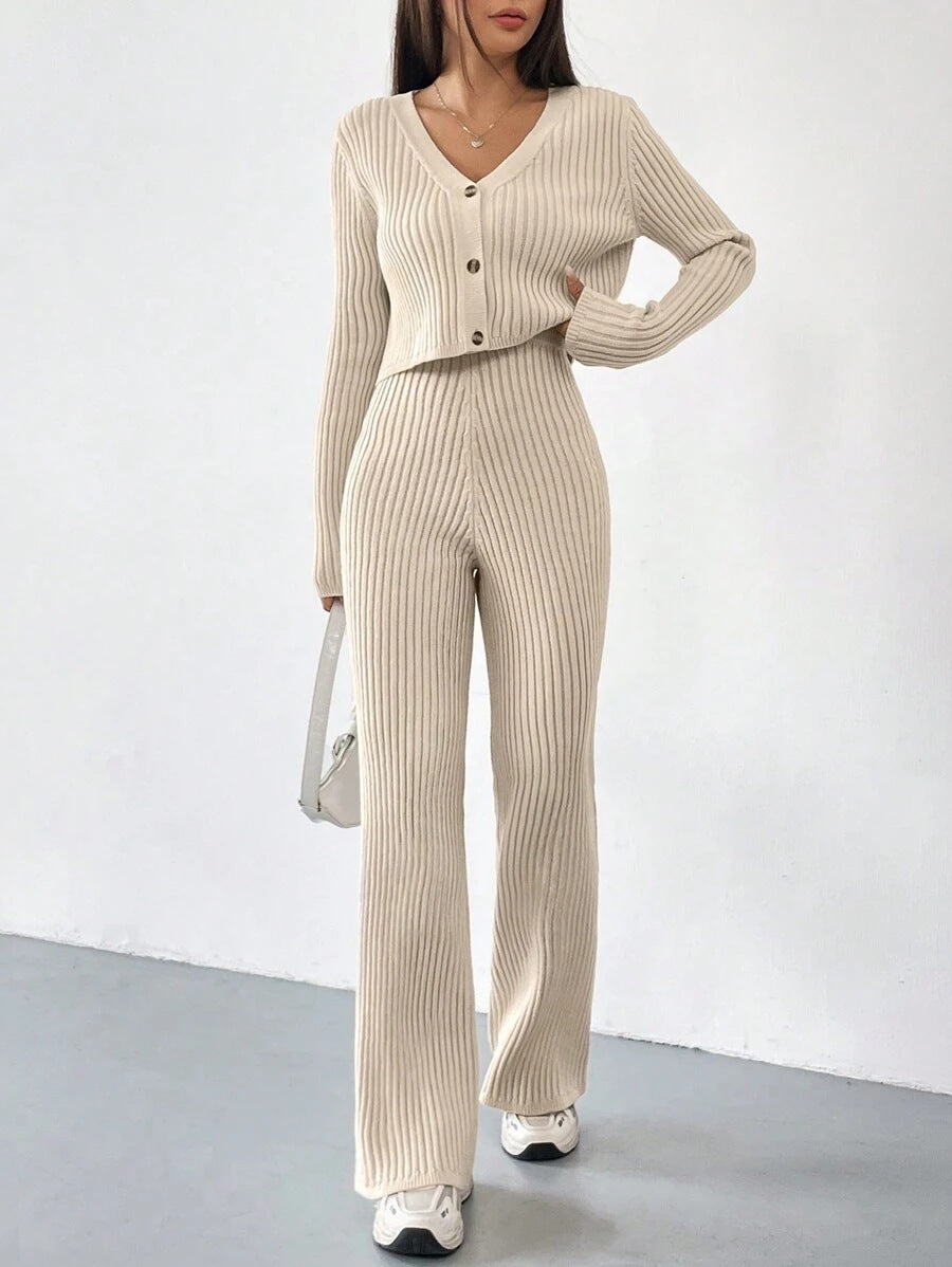 Damen Elegantes Strick-Lounge-Set mit V-Ausschnitt und hohen Bündchen Drune
