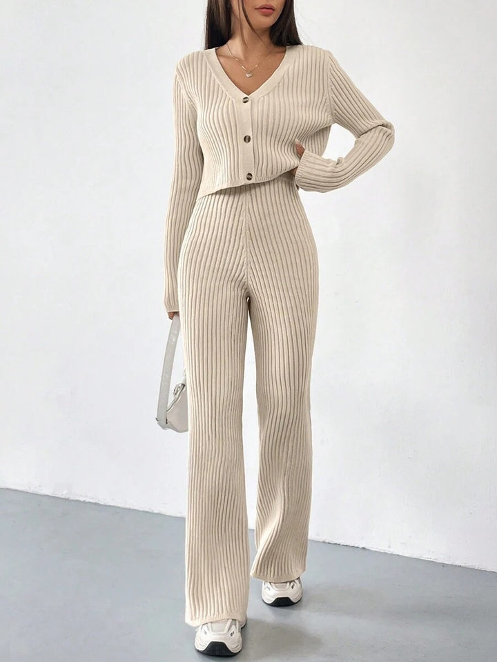 Damen Elegantes Strick-Lounge-Set mit V-Ausschnitt und hohen Bündchen Drune