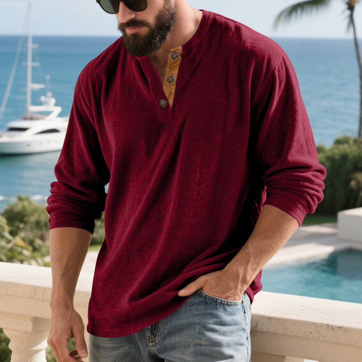 Herren Langarm-Henley-Shirt mit strukturiertem Material und modischen Knopfdetails Drune