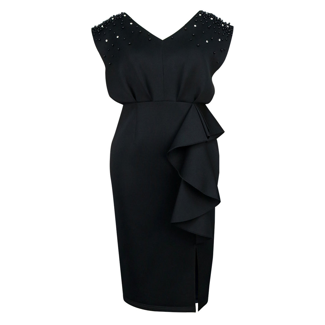 Damen elegantes Wickelkleid mit schimmernden Perlen und asymmetrischem Rüschensaum Drune