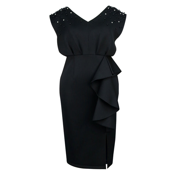 Damen elegantes Wickelkleid mit schimmernden Perlen und asymmetrischem Rüschensaum Drune