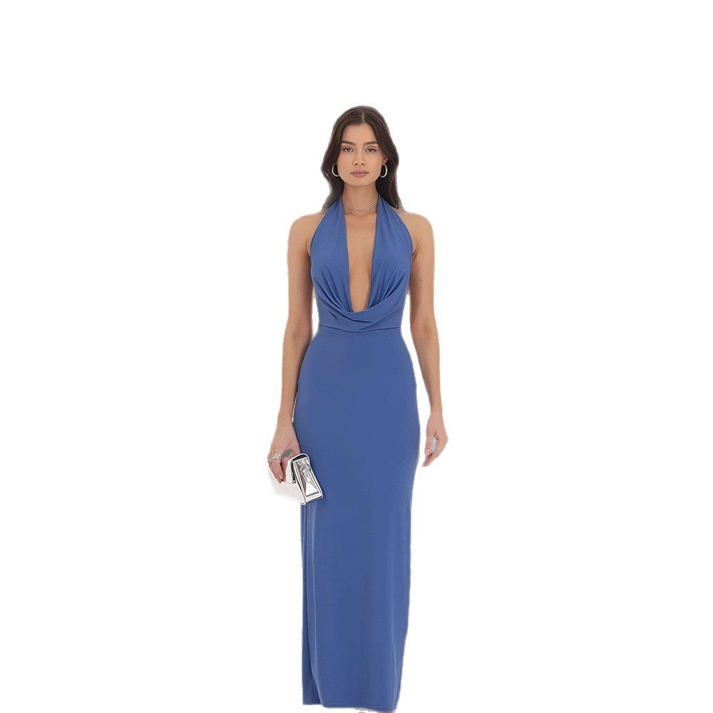Damen Langarm-Elegant Kleid mit tiefem V-Ausschnitt und fließendem Saum Drune