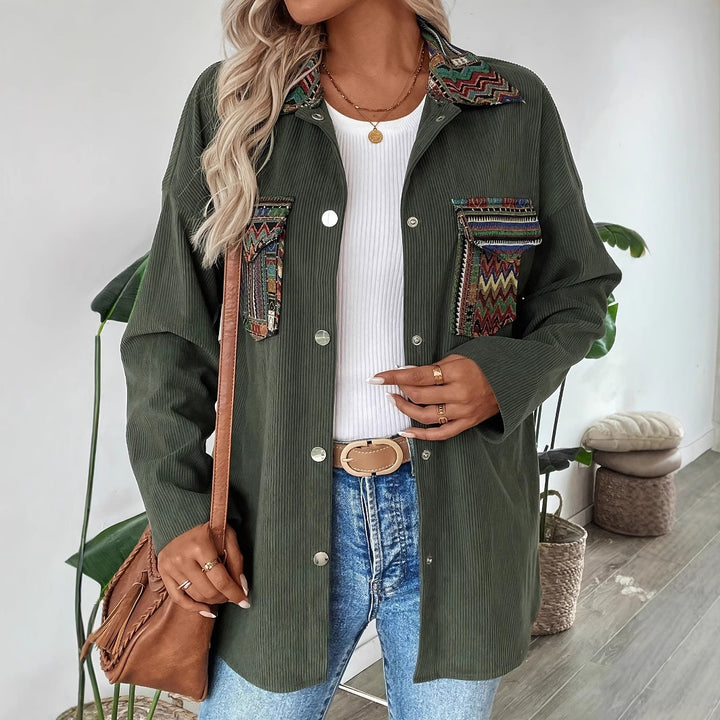 Damen kordeljacke mit buntem Zierstich und praktischen Taschen Drune
