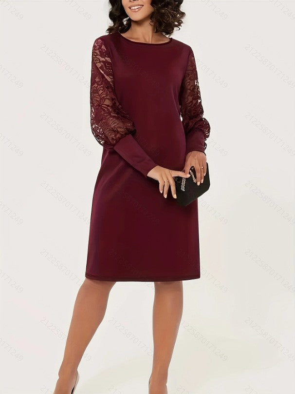 Damen elegantes Kleid mit Spitzenärmeln und tailliertem Schnitt Drune
