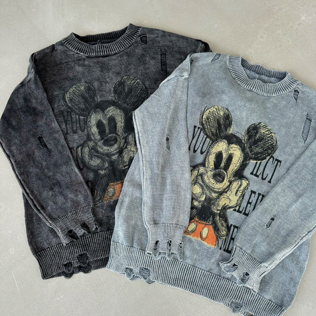 Damen Oversized Sweatshirt mit kreativem Disney-Motiv und modischen Lochdetails Drune