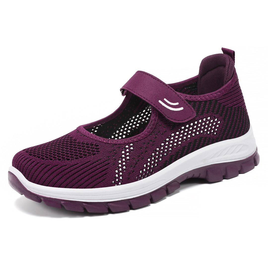 Damen nan atmungsaktive Strick-Mary-Jane Walkingsneaker mit Klettverschluss und dämpfender Leichtlaufsohle Drune