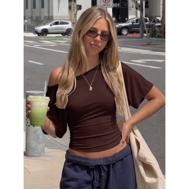 Damen asymmetrisches Crop-Top mit weitem Schnitt und fließenden Ärmeln Drune