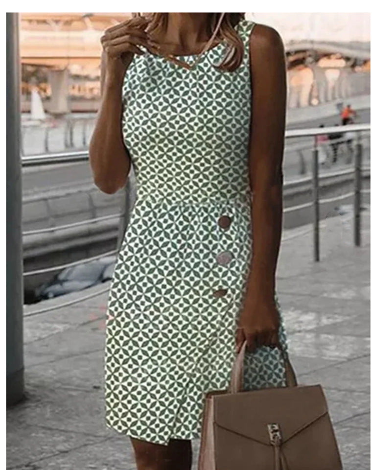 Drune | Ärmelloses bedrucktes grünes Knopf-Casual-Kleid
